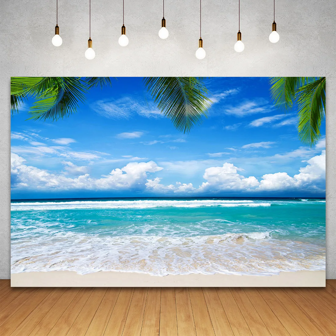 Verão praia palmeira coqueiro fotografia fundo estúdio de fotos mar praia areia nublado céu azul cena festa pano de fundo photozone