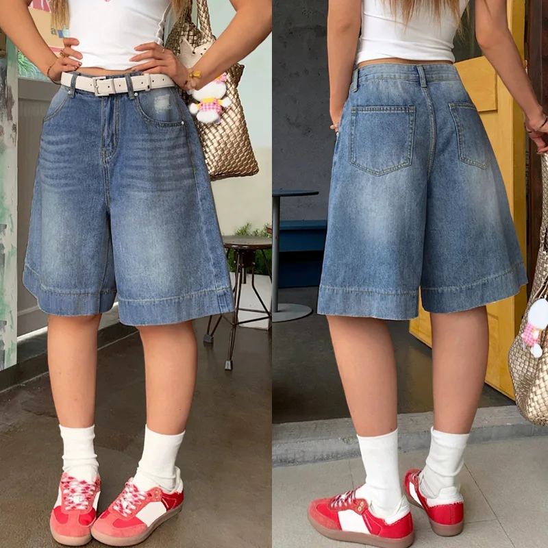 Jeans denim Donna Solid Jean Zipper Fly Pocket Lunghezza al ginocchio Pantaloni a gamba larga a vita media Casual Loose Fit Sottile Streetwear 2025 Estate