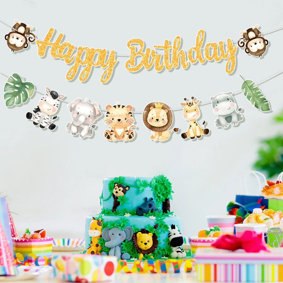 Animal Happy Birthday Banner Jungle Safari Birthday Party Decorations Kids Wild One Birthday Hangning Garland Party Supplies