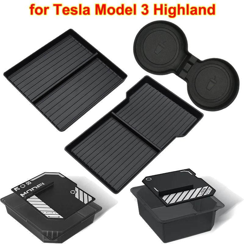 

for Tesla Model 3 Highland 2024 2025 Center Console Storage Tray Armrest Box Organizer Anti-slip Mat Phone Holder Accessories