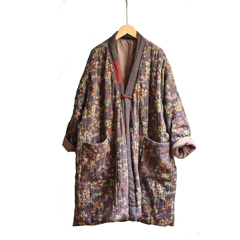 Women Vintage Print Parkas Mid Long Styles V-neck Top One-button Spliced Big Pockets Coats 2025 Winter New Warm Women's Clothing