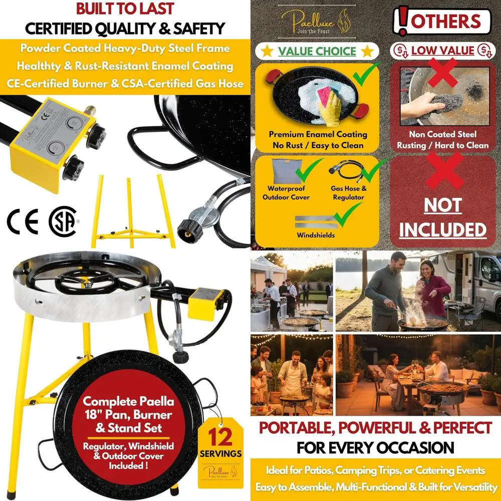 Juego de quemador y soporte Paella de 12 porciones, sartén Paella de 18 pulgadas, estufa exterior de propano doble con soporte y regulador, coo de gas portátil