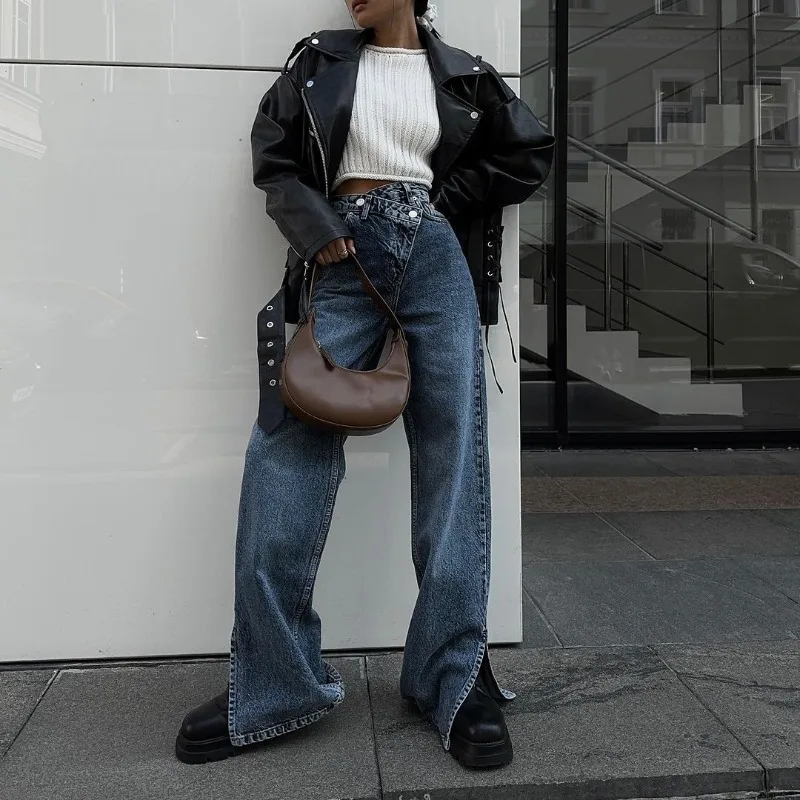 Europese Amerikaanse broek dislocatie jeans dames herfst ontwerp gevoel hoge taille split rechte broek aangepaste buitenlandse handel