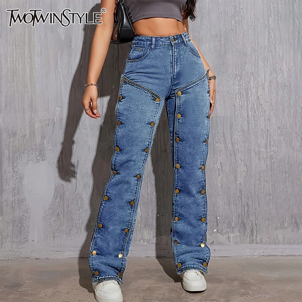 

TWOTWINSTYLE Solid Spliced Button Loose Jeans for Women High Waist Temperament Minimalist Pant Female Fashion