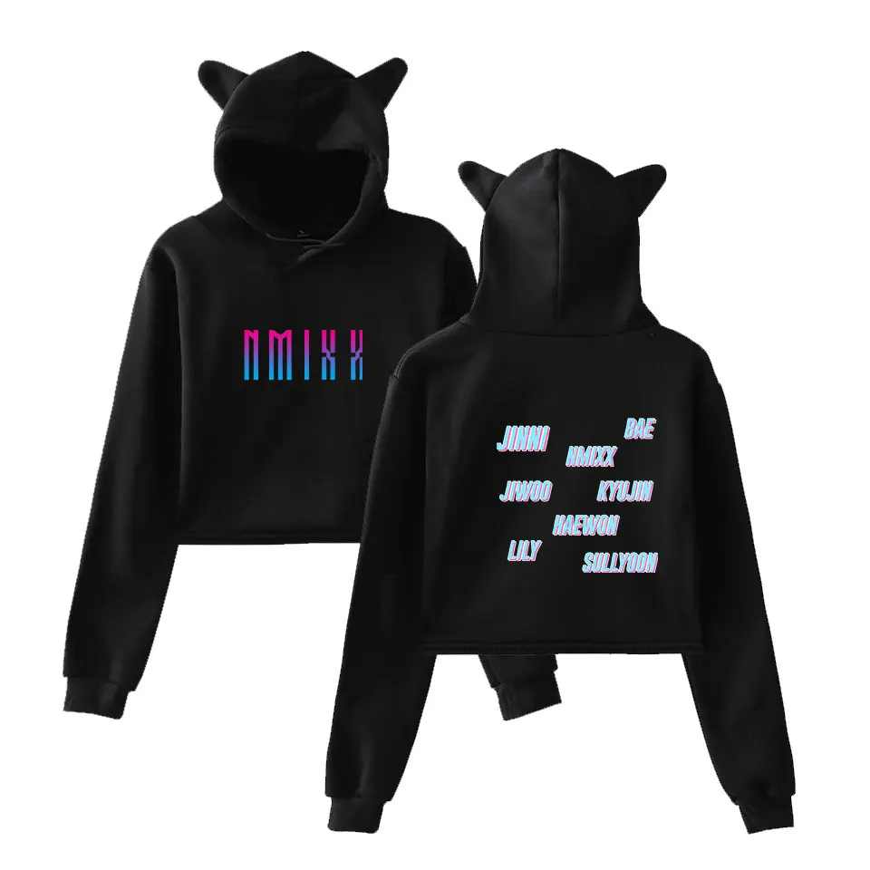 

Kpop NMIXX Hoodie Women Crop Tops Y2k Cat Ear Short Sweatshirt LILY HAEWON SULLYOON BAE JIWOO KYUJIN Signature Print Clothes