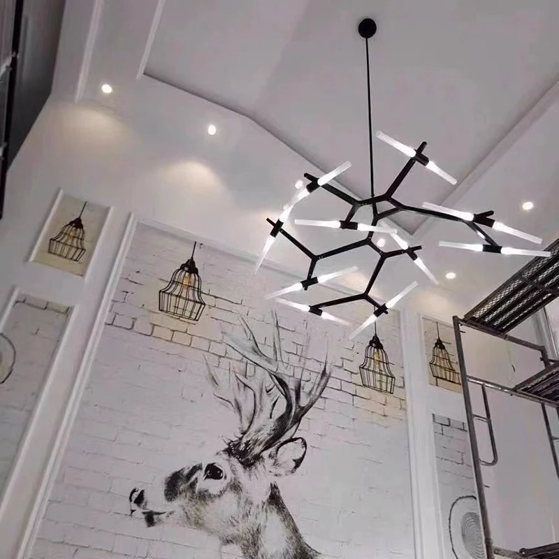 Nordic Postmodern Restaurant Chandelier Living Room Light Frosted Glass Black Gold Herringbone Branch Light