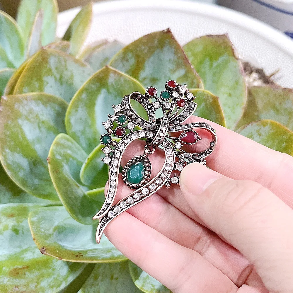 Vintage Women Bow Brooch Turkish Dress Brooch Crystal Antique Gold Color Indian Resin Pins Bohemia Bride Jewelry Sunspicems image 3