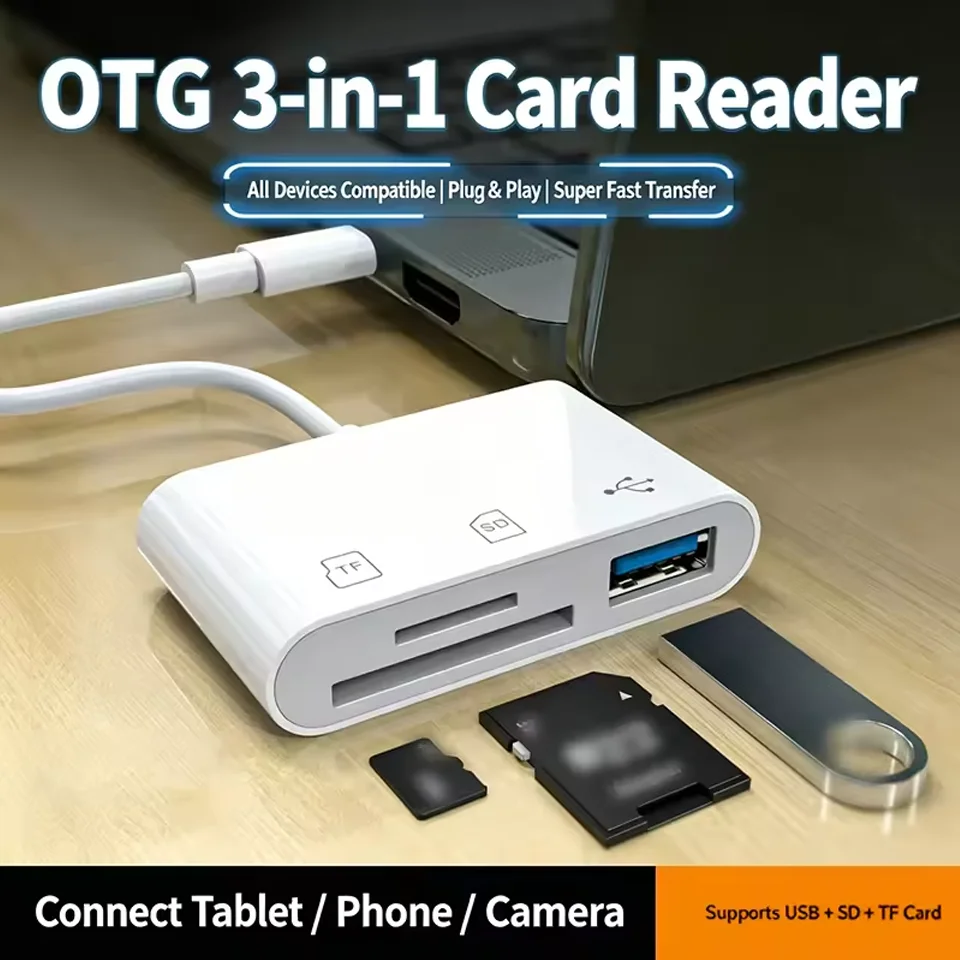 3-in-1 Type C Flash Card Reader OGT Adapter TF SD Reader Slot For iPhone For iPad, Suitable For Memory Card/Mini SD Card OGT