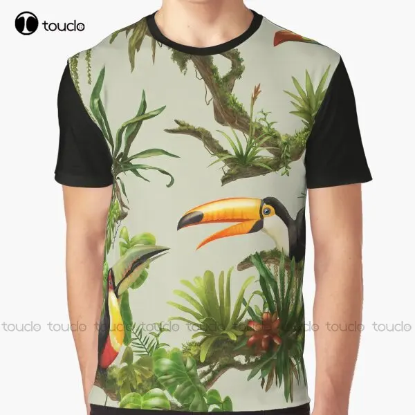 Toucans And Bromeliads - Canvas Background Graphic T-Shirt Digital Printing Tee Shirts Streetwear Xxs-5Xl New Popular Unisex