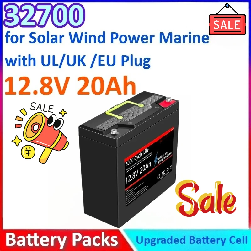 

12.8V 20Ah 32700 Lithium Battery LiFePO4 DeepCycle Rechargeable Battery with BMS for Solar Wind Power Marine with UL/UK /EU Plug