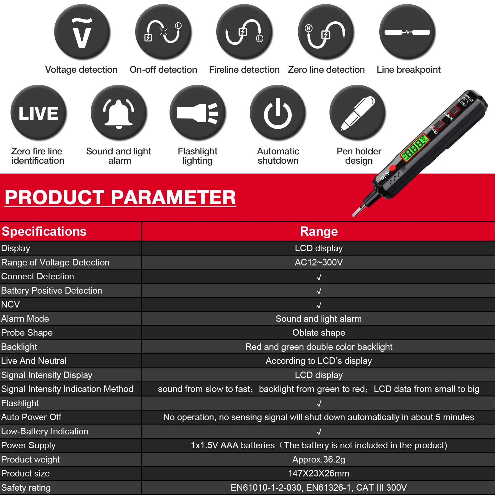 Imagem -02 - Habotest Testador em Caneta Detectora de Tensão Elétrica Ajustável Circuito sem Contato 300v ac Tensão Backlight Tester Ht89