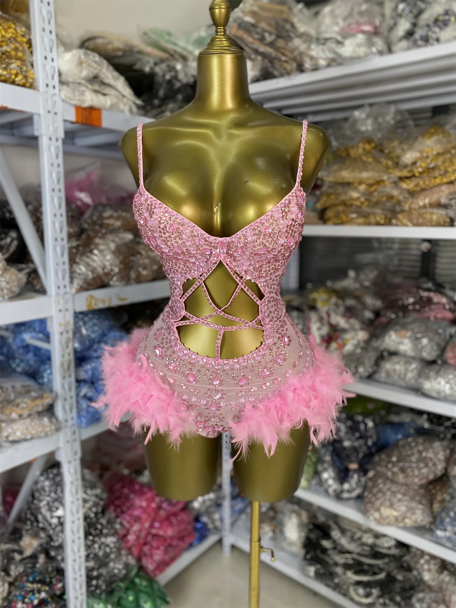 

Women Sparkly Rhinestones Mesh Cut Out Feathers Leotard Show Dress Dance Costumes K-pop Evening Party Performance Dresses