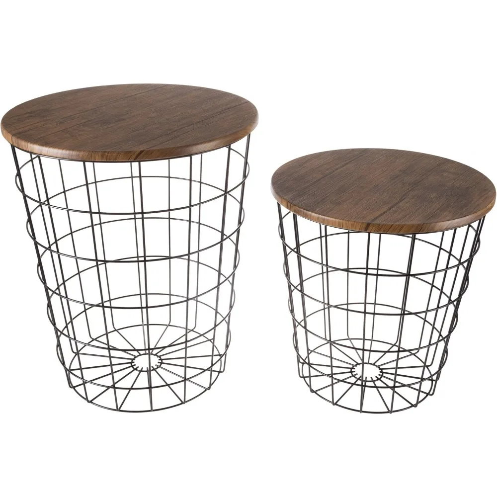 Nesting Tables with Removable Wood Tops and Metal Basket Bases for Blanket Storage