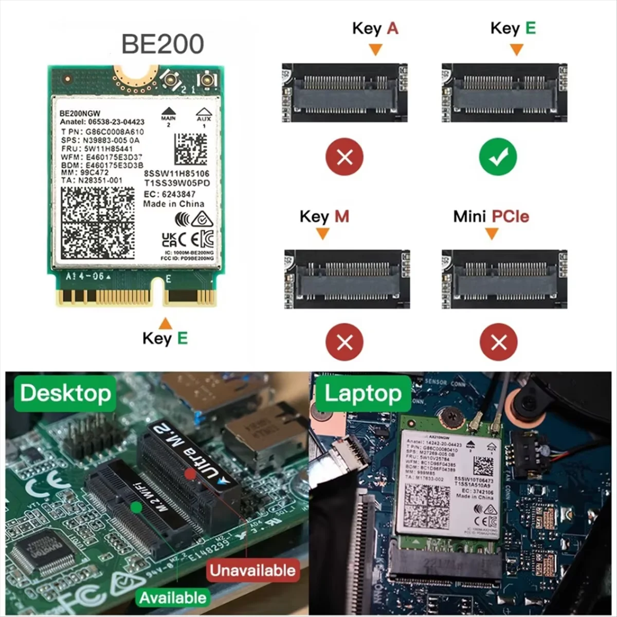 8774 Мбит/с BE200 WiFi 7 Карта BE200NGW Bluetooth 5,4 Tri Band 2,4G/5G/6GHz NGFF M.2 Беспроводной сетевой адаптер для ПК Windows10/11