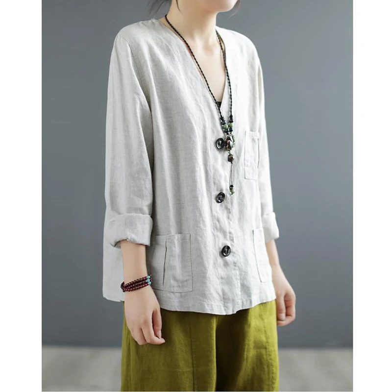 Women Vintage Simple Cotton Linen Single Breasted Shirt Cardigan Summer Solid V Neck Long Sleeve Blouse Casual Loose Pocket Tops