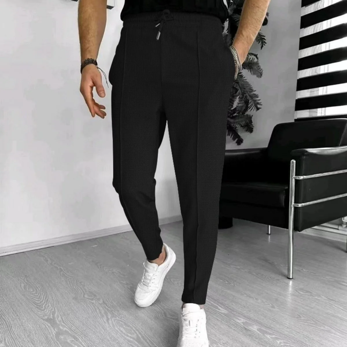 Men's Casual Tracksuit Pants 2025 New Style Spring/Summer Fashion Waffle Check Elastic-Waist Drawstring Calf Pants