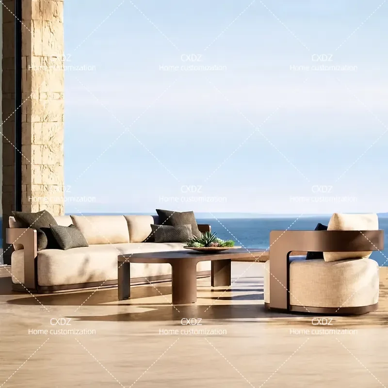Outdoor Aluminum Alloy Sofa and Coffee Table Set Waterproof Sunproof Patio Furniture for Villa Terrace Courtyard Homestay