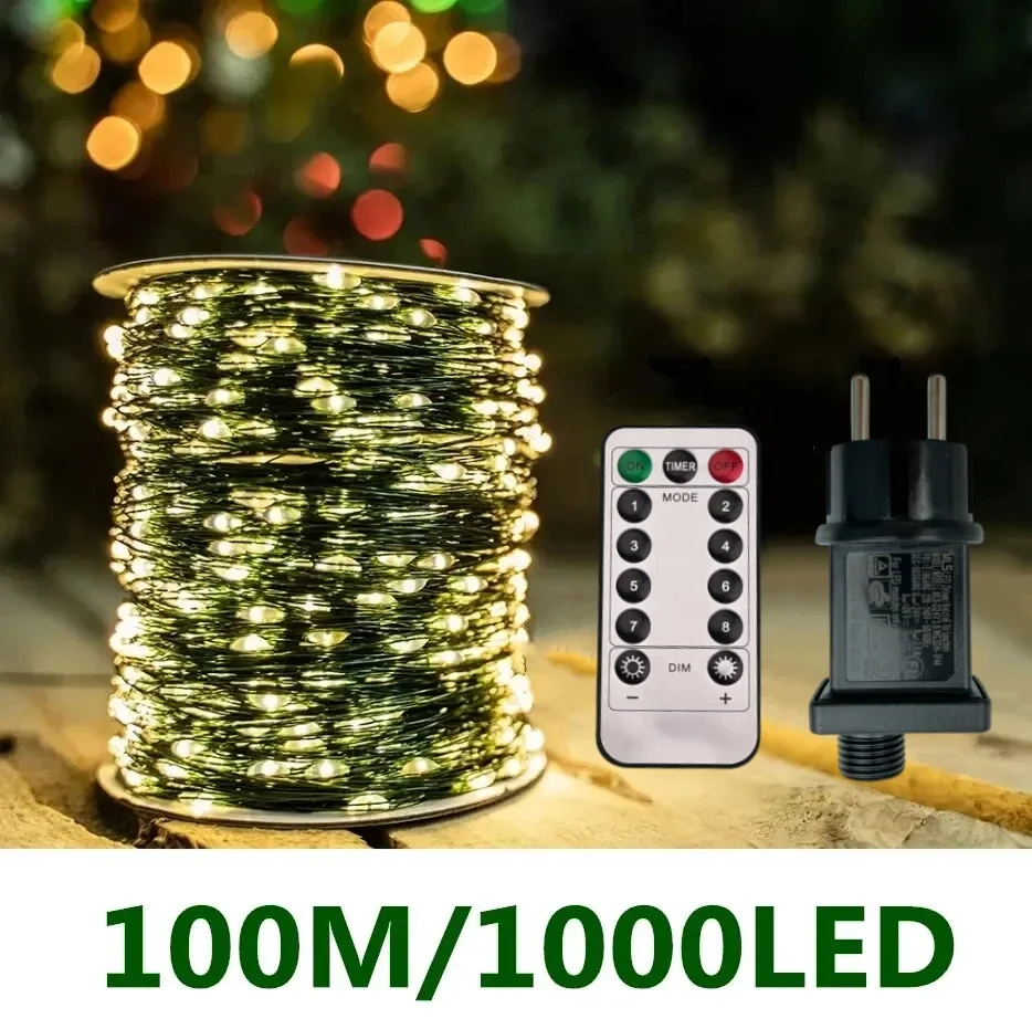 

100M LED String Lights Fairy Green Wire Outdoor Christmas Lights Tree Garland For New Year Street Home Party Wedding Decoration