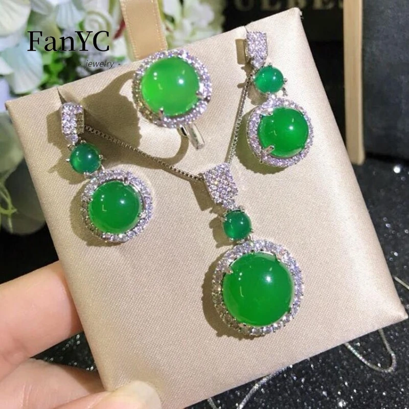 

Natural Imperial Green Agate Necklace Set 925 Silver Set Egg Face Three-piece Pendant Ring Earrings Exquisite Women's Jewelry