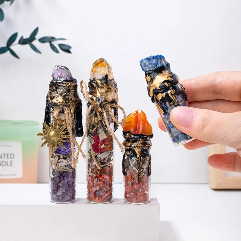 Natural Crystal Raw Stone Energy Bottle Amethyst Crushed Stone Wishing Bottle Halloween Magic Bottle Drift Bottle Ornament