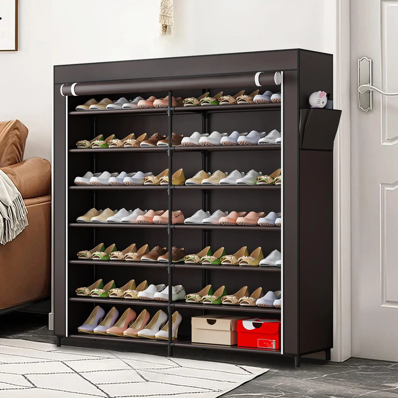 Portable 7-Tier Shoe Rack Double Row Shoe Storage Organizer for 42 Pairs Non-Woven Fabric Shoe Cabinet with Dustproof Cover Space Saving Metal Frame Shelf for Entryway Closet Dormitory Garage