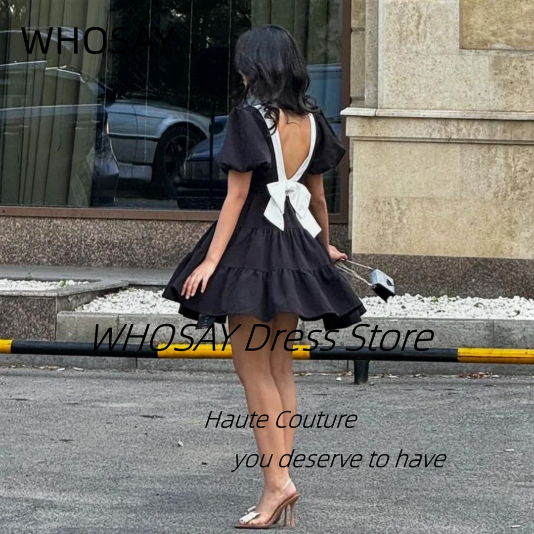 WHOSAY Little Black Mini Prom Dresses Short Sleeves Sexy V Backless Cocktail Dress Square Neck Night Club Party Gowns