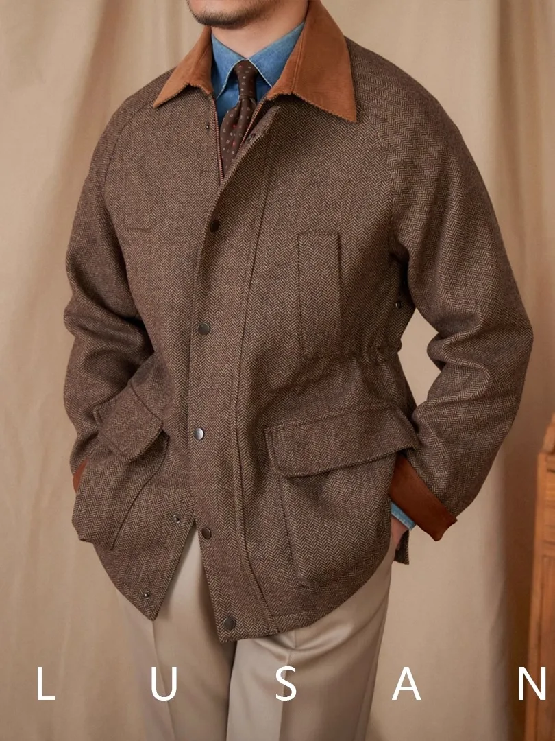 

Autumn Winter Hunting Jacket Men | 50% Wool Italian Coat | Retro Patchwork Collar | Warm Versatile Commuter Jacket