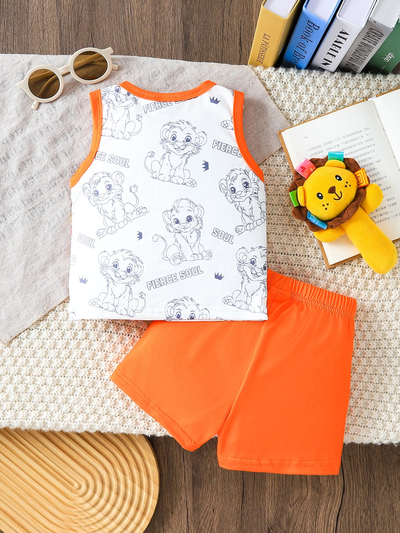 2pcs Summer Baby Boys Lion King Print Tank Top Set, Fierce Soul Graphic, Casual Daily/Outdoor Play, 9-12M, Contrast Trim Vest