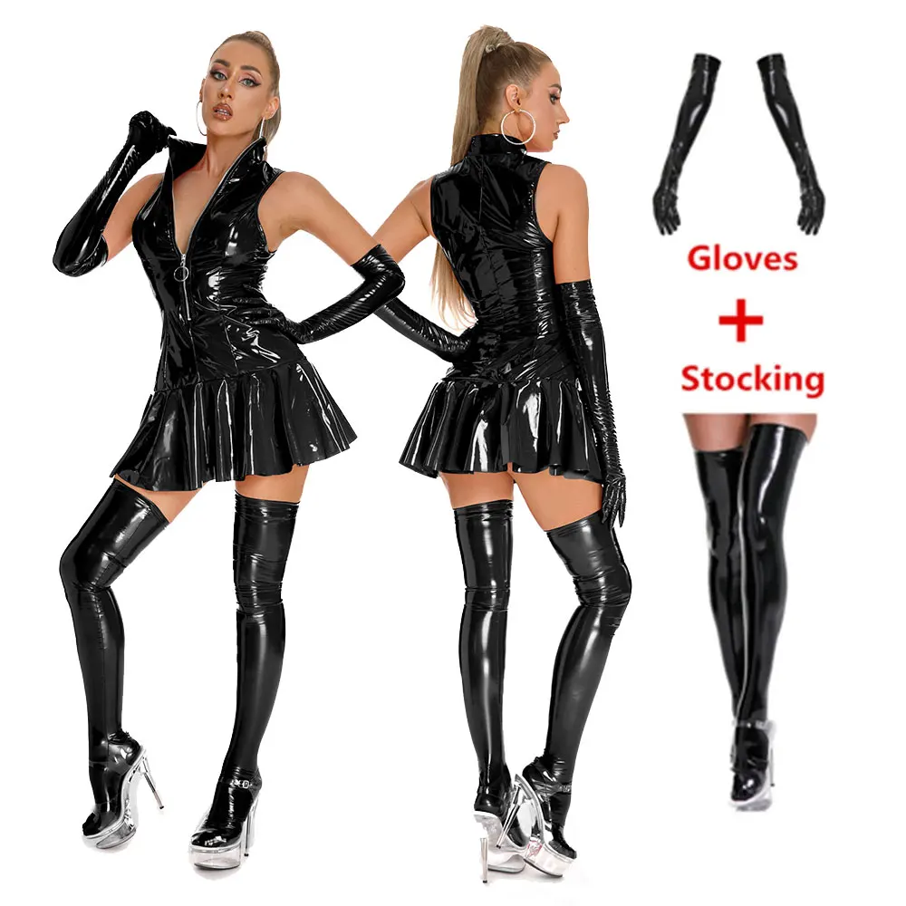 Women PU Leather Wet Look Bodycon Mini Dress Elastic Sexy Pleated Latex Party Dresses Clubwear Nightclub Party Dance Costume