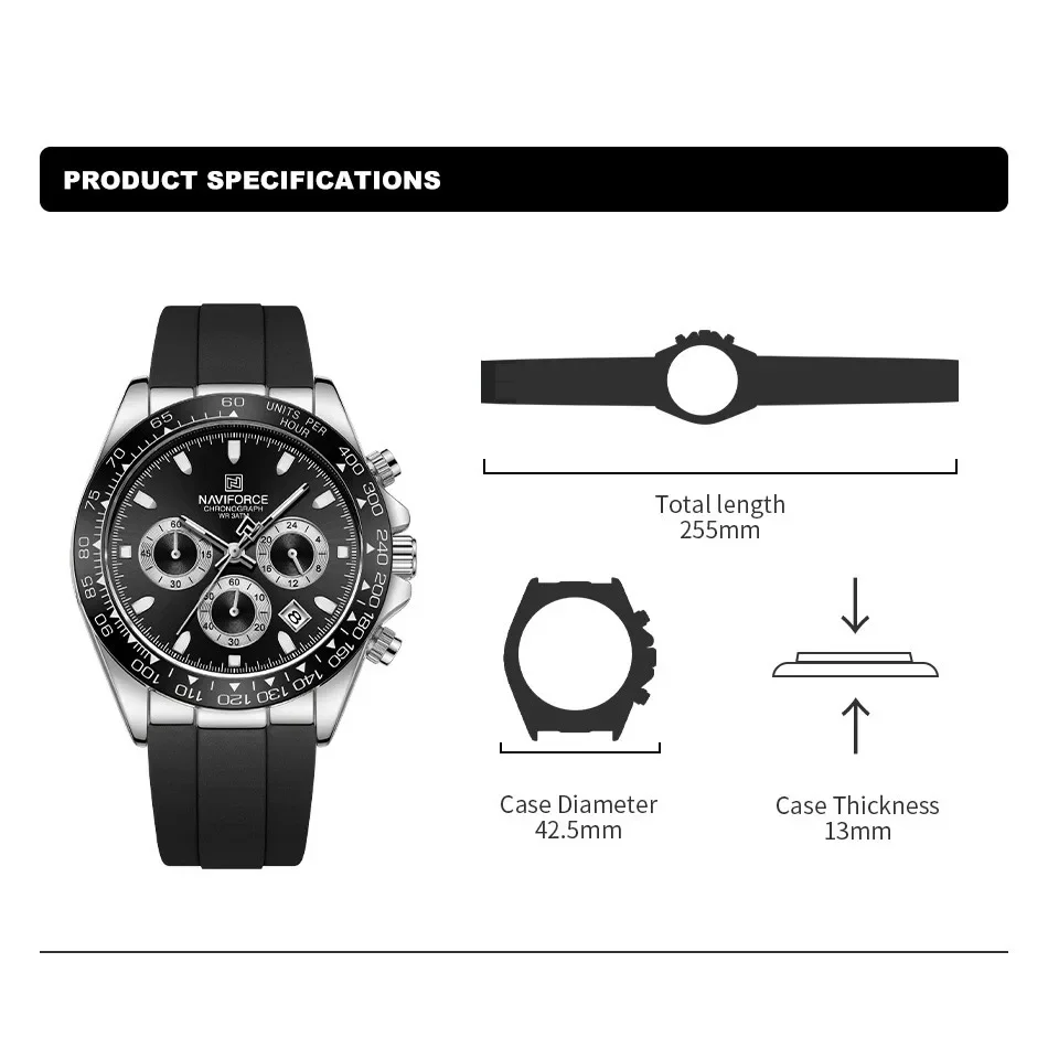 NAVIFORCE Brand NF8054 Men's Business Watches Luxury Classic Quartz Wristwatch Chronograph Silicone Band Waterproof