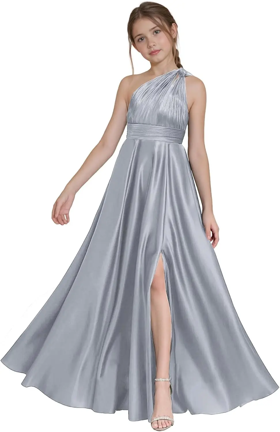 فساتين وصيفة الشرف للصغار بكتف واحد مع فتحة من الساتان فستان فتاة الزهور للفتيات فستان زفاف الضيوف