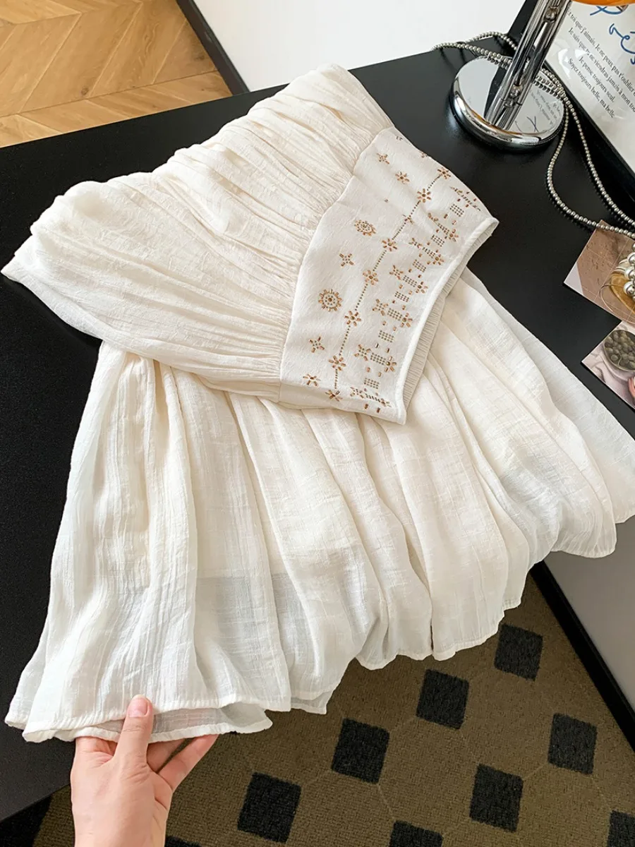 

Bohemian Heavy Embellished Lace Cotton Linen Half Skirt Women Summer Thin Beautiful Long A-Line Skirt High Waist Elastic Waist