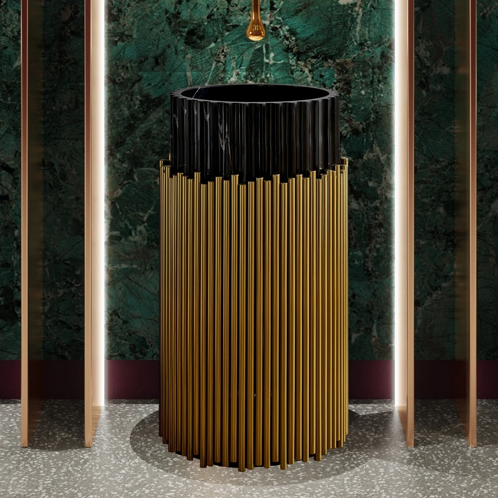 

Contemporary Customized Gold Stainless Steel Pedestal And Black Marble Wash Basin Freestanding Bathroom Wash Basin Pedestal Sink
