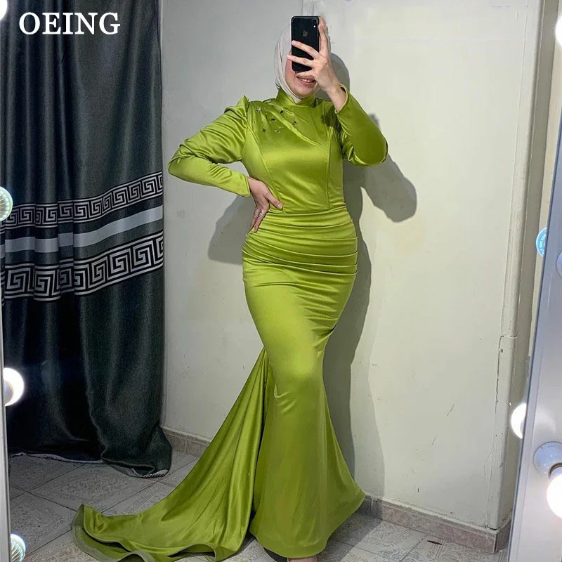 

OEING Avocado Green Muslim Evening Dresses Simple Long Sleeves High Neck Prom Dress Kaftan Dubai Arabic Women Formal Party Gowns