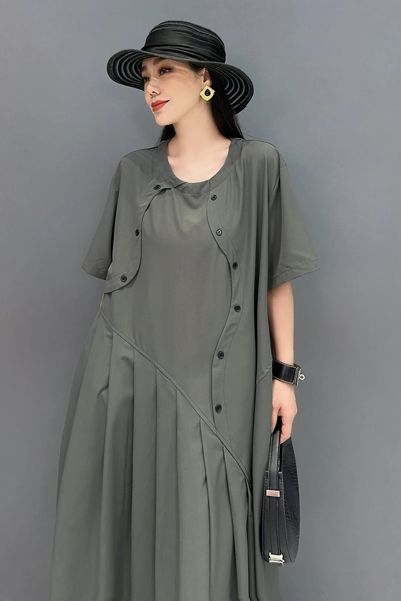 Vefadisa 2024 Summer New Dark Gray Women Button Trim Dress O-Neck Short Sleeve Patchwork Ruffled Comfortable Dresses ZXY528A