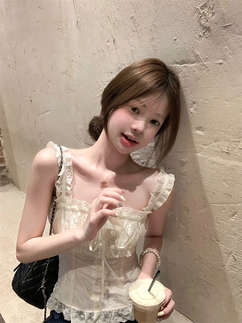 

Жилет с милой кружевной отделкой, женская летняя уличная одежда, облегающая повседневная верхняя одежда из полиэфирного волокна, топ