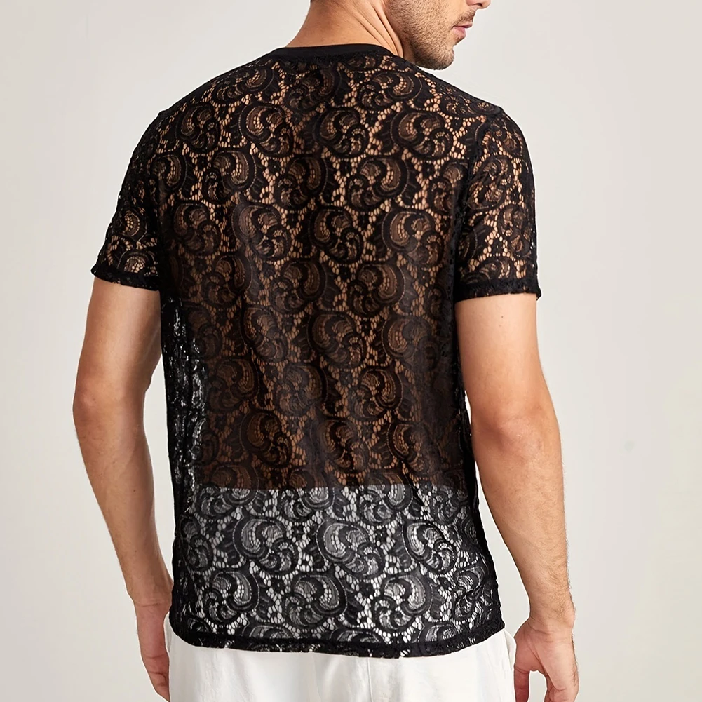 Men Summer Hollow Out Slightly Transparent Lace Short Sleeve T-shirt Fashion Top