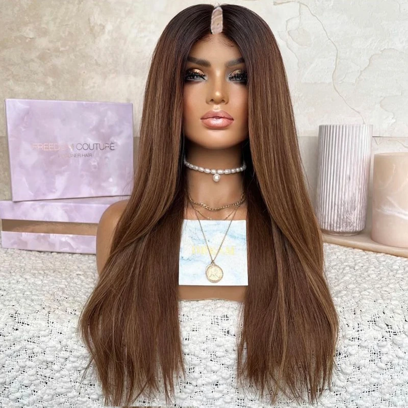 

Black Women's wigs U Part wigs Glueless Brown Color Straight V Part human hair wig Length 10-26 inches Remy wig 100% human hair