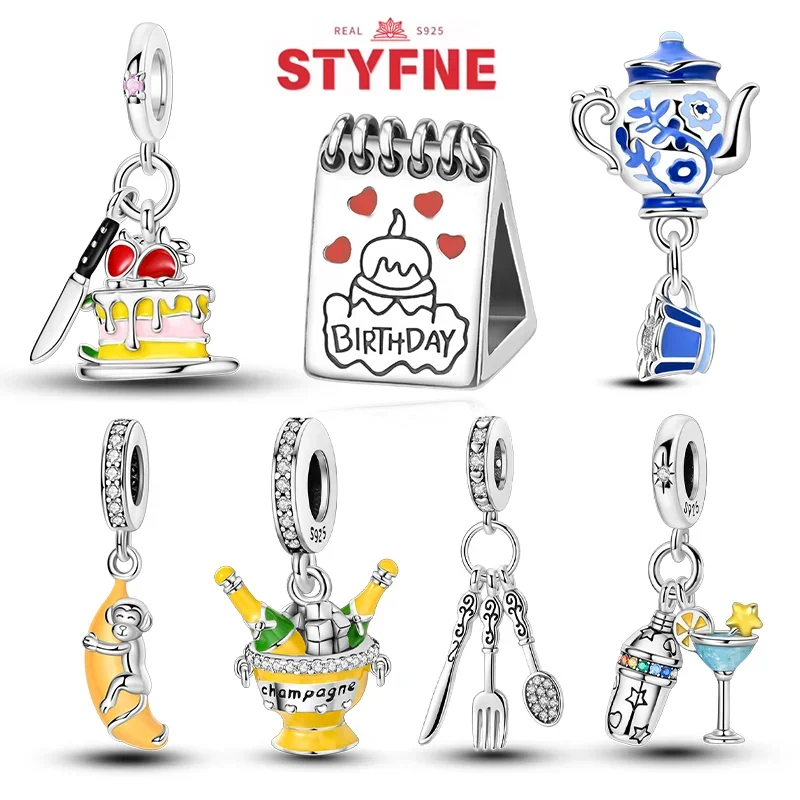 

Real Silver S925 Birthday Cake Love Charms Chocolate Banana Beads Fit Original Bracelets DIY for Women Fine Jewelry Gift