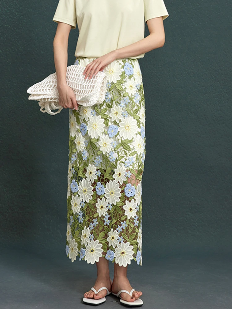 Green Floral-Embroidered Skirt High Quality Hollow Out Flower Lace Long Skirt Elegant Holiday 2024 Summer New in Woman Clothing