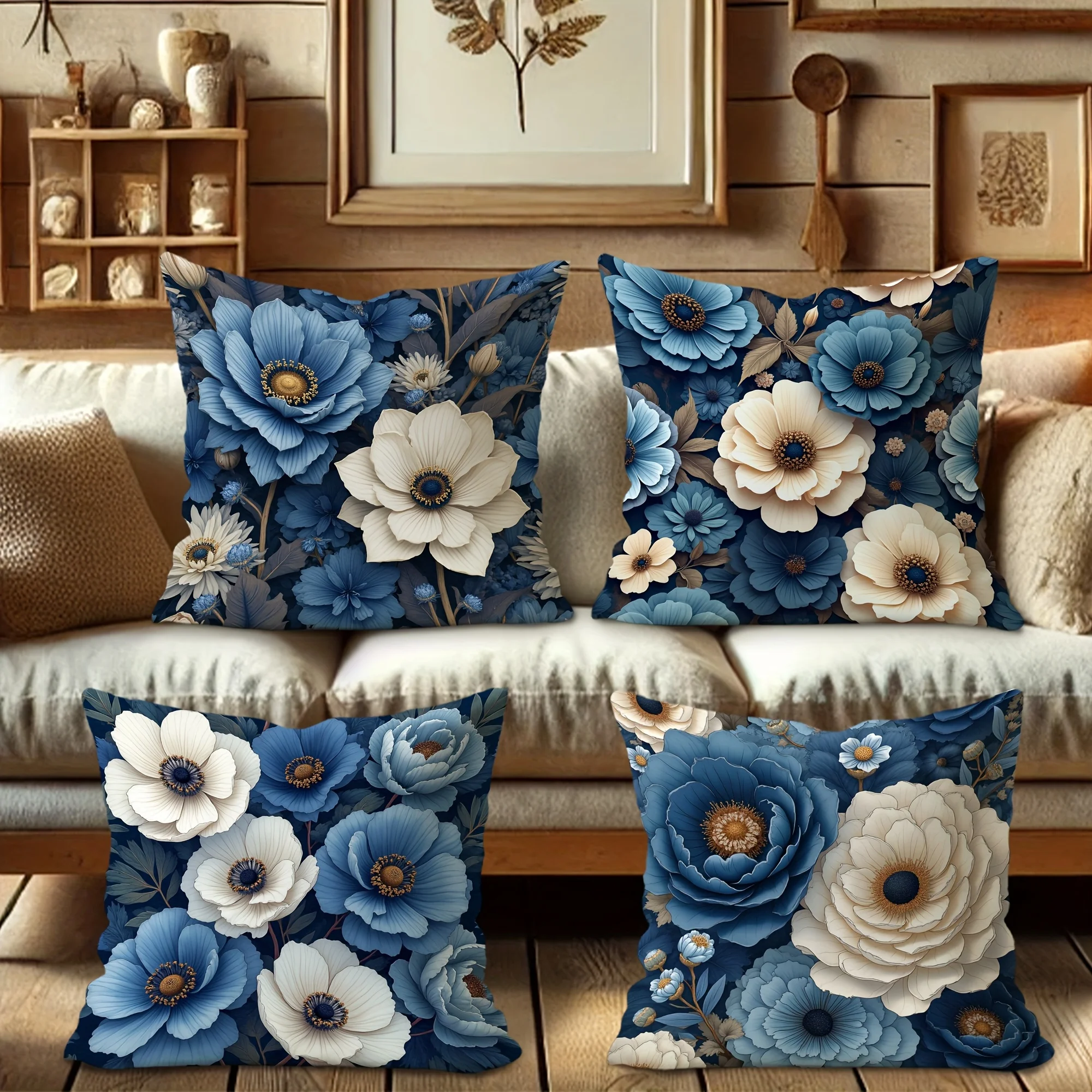 Elegant Blue Floral Botanical Pattern Pillowcase Throw Cushion for Sofa Bed Bedroom Decor Home Accent