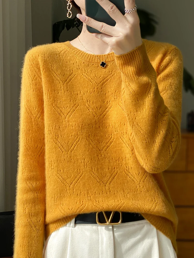 ADDONEE Women O-neck Pullover Sweater Hollow Out Long Sleeve Jumper 100% Merino Wool Knitwear Basic Casual Clothes Autumn Winter