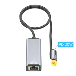 Smartphone External 100Mbps Network Card with PD20W Charging Port 8Pin To RJ45 Wired Ethernet Adapter for IOS10 Mobile Phone Pad