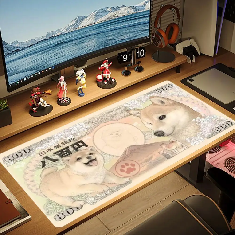 XXL Gaming Mouse Pad Doge Coin Banknote Japanese Shiba Inu Bill Deskmat Non-Slip Rubber Keyboard Mat Currency Desktop Table Mat