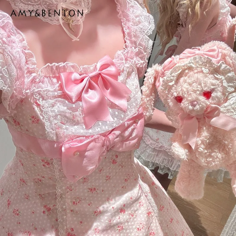 ชุดเดรสสไตล์โลลิต้าลายดอกไม้หวานๆ แบบ JSK สำหรับผู้หญิง ชุดเดรสเจ้าหญิงน่ารักสำหรับงานวันเกิด พร้อมโบว์น่ารัก ทรงเข้ารูป ผ้าตาข่ายพองๆ