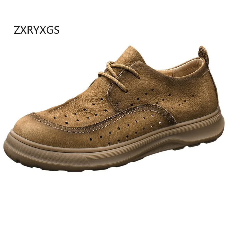 ZXRYXGS Top Cowhide Hollow Men Casual Sneakers Flat 2025 New Fashion Breathable Full Real Leather Trendy Shoes Men Travel Shoes