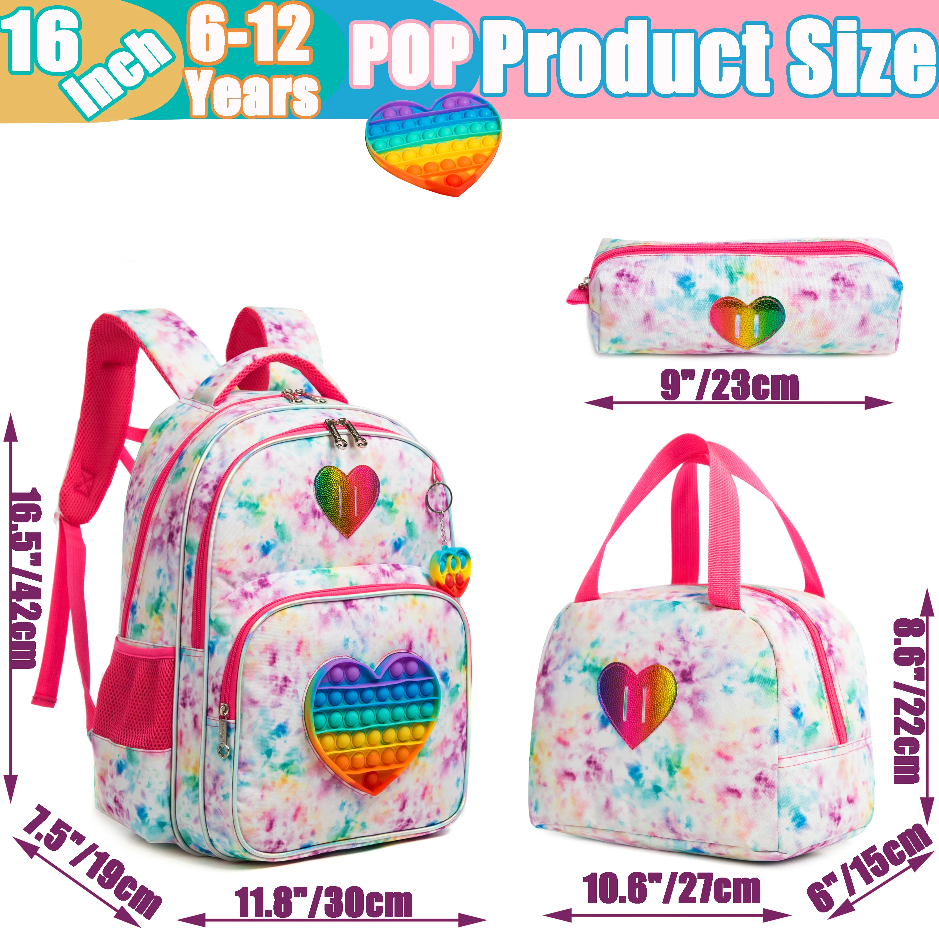 Meetbelify 16.5\'\' POP Backpack for Girls Kids  Elementary Preschool Student with Lunch Box Pencil Case 3 in 1