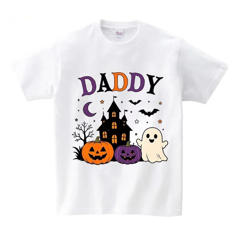 Halloween Family Matching Outfits Baby T‑Shirt Cute Ghost Pumpkin Castle Bat Moon Print Kids Short Sleeve Tee Party Family Tops