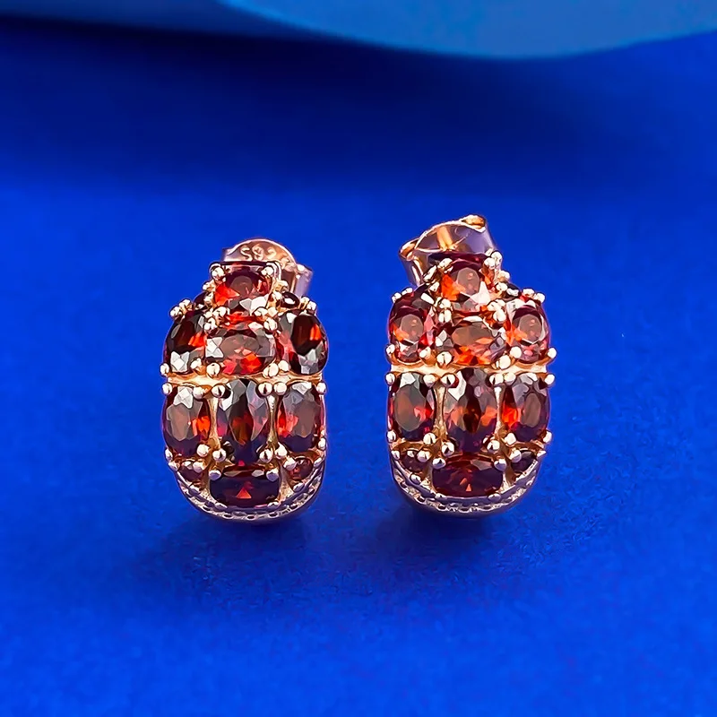 

New S925 Silver Inlaid Three Rows Full Diamond Durian Red Earrings, European and American Retro Personalized Design Earrings