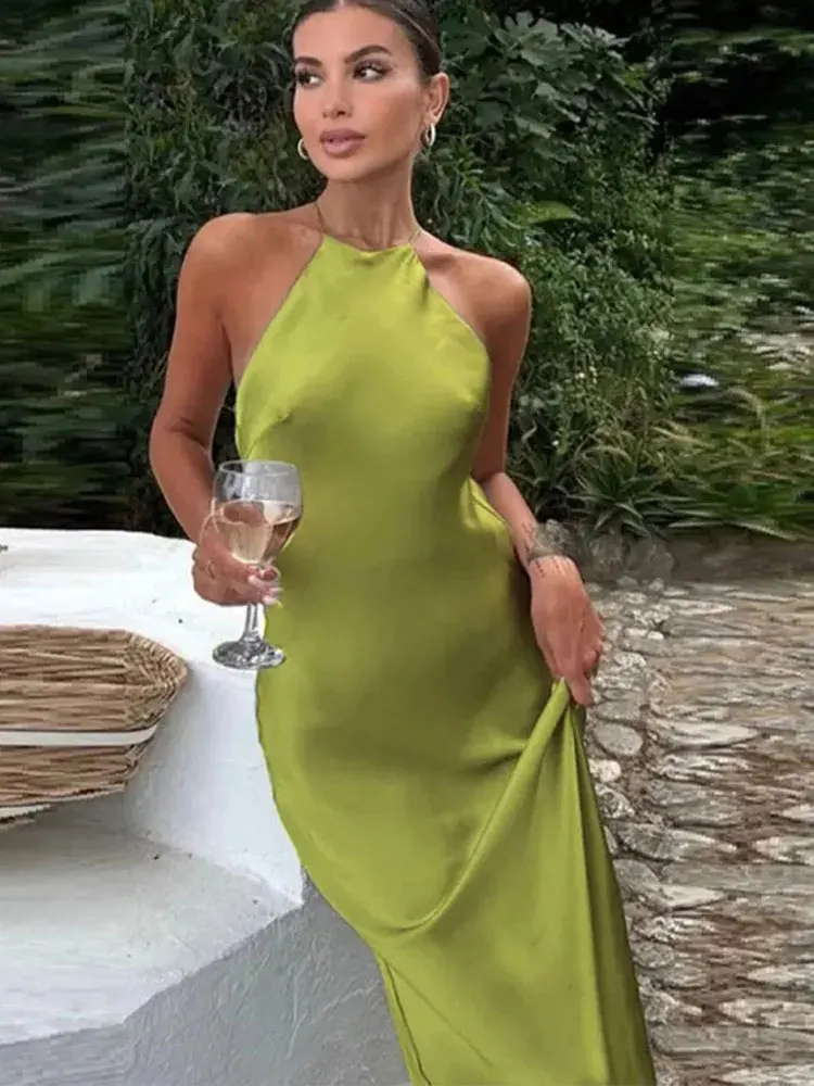2025年新作 レディース サマードレス 無地 サテン ホルターネック バックレス ロングドレス シック セクシー エレガント ヴィンテージ 女性用イブニングドレス